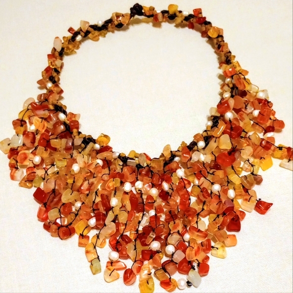 Handmade Carnelian & pearl Fringe Necklace - Picture 1 of 5